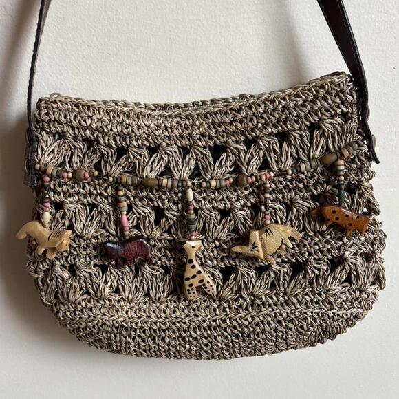 Brown straw style shoulder bag with beaded animals - Picture 2 of 7